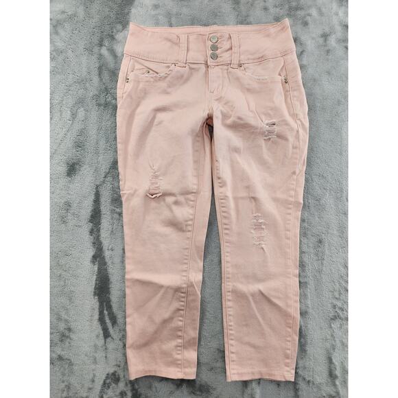 YMI Wannabettabutt 3 Button Distressed Skinny Jeans Size 7 Pink Stretch Denim - Picture 1 of 16